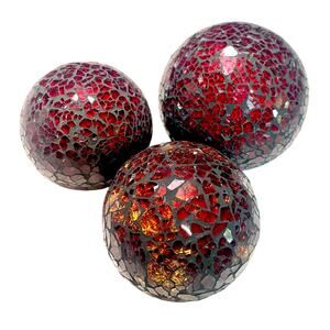 3 Pier1 Imports Mosaic Glass Ball Round Orb 4” & 3” Gold Amber Red Cracked Glass